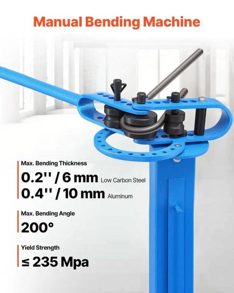 Close-up of VEVOR Manual Pipe Bender With 14 Dies, showing bending machine features and specifications for HVAC projects.