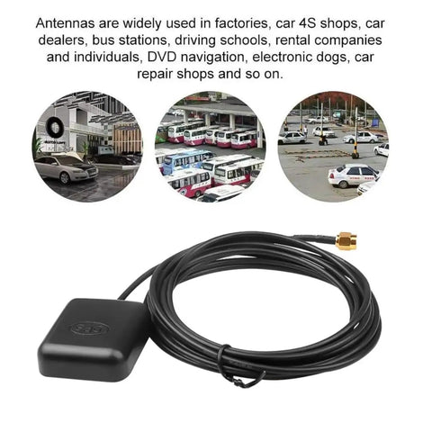 All Weather Waterproof Active GPS Antenna With SMA Male Connector For Car Stereo Head Unit Navigation System Truck Marine Boat GPS Tracker Real Time Tracking Magnetic Or Adhesive Mount 3 Meter Cable on white background with usage examples