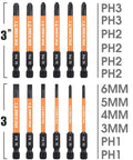 12 Piece Slotted And Phillips Screwdriver Bit Set With Magnetic One Quarter Inch Hex Shank S2 Steel Three Inch Long Drill Bits Includes PH1 PH2 PH3 And Slotted Sizes 3mm 4mm 5mm 6mm For Heavy Duty Gigs DIY Projects And Industrial Use, displayed in two rows with size labels.