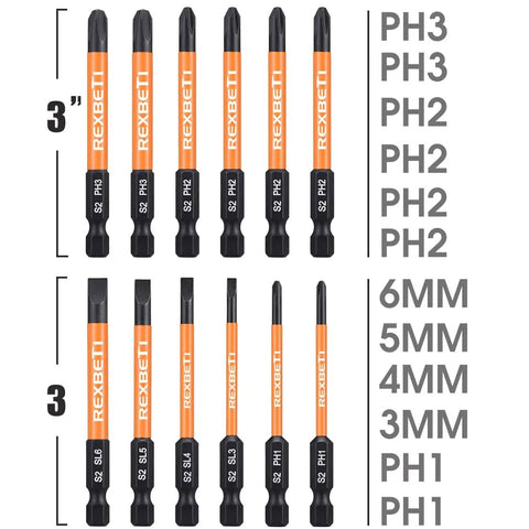 12 Piece Slotted And Phillips Screwdriver Bit Set With Magnetic One Quarter Inch Hex Shank S2 Steel Three Inch Long Drill Bits Includes PH1 PH2 PH3 And Slotted Sizes 3mm 4mm 5mm 6mm For Heavy Duty Gigs DIY Projects And Industrial Use, displayed in two rows with size labels.