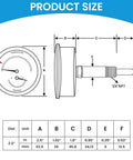 Diagram showing dimensions of Dual Display Boiler Gauge Kit with 2.5 Inch Dial that reads pressure and temperature, back mount with 1/4 NPT.