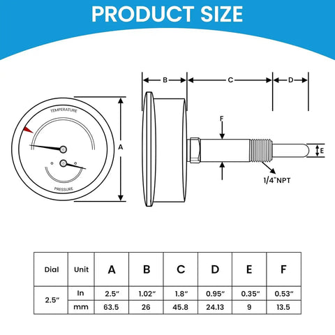 Diagram showing dimensions of Dual Display Boiler Gauge Kit with 2.5 Inch Dial that reads pressure and temperature, back mount with 1/4 NPT.