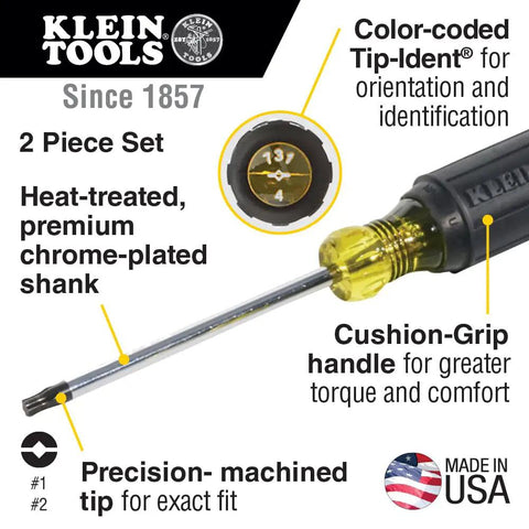 Combination Tip Screwdriver Set With 4-Inch Fixed Blade Drivers No. 1 And No. 2 Tips Cushion Grip Handles Made In USA Pro Grade