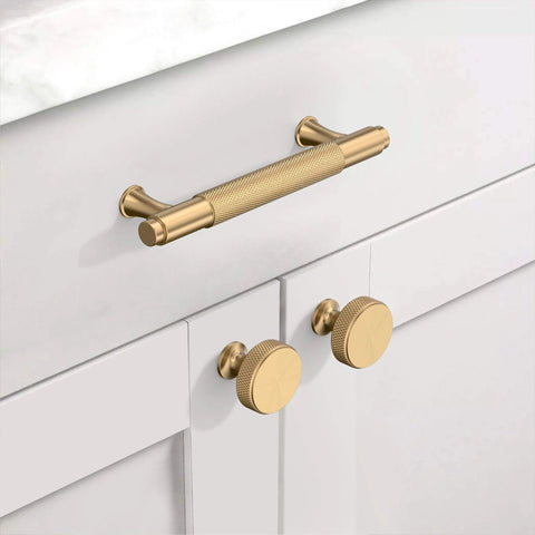 Installed 10 Pack Champagne Bronze Knurled Cabinet Knobs For Dresser Drawers Brass Cupboard Hardware For Cabinets CK0029 on white drawers