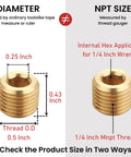 Diagram of Brass Pipe Fitting Hex Countersunk Plug One Quarter Inch NPT Male Half Inch Outer Diameter Threads Ten Pack Easy Hex Drive