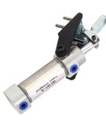 Silver Heavy Duty Pneumatic Clamp With 50Kg Clamping Force QuickFix Air Hold Down Clamp on white background, side view.