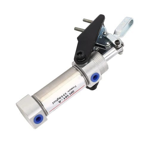 Heavy Duty Pneumatic Hold Down Clamp For Woodworking And Shop Gear Rock Solid Air Powered clamping fixture featuring a silver metal body.