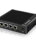 Intel J4105 Fanless Firewall Mini PC Router Featuring Four 2.5 Gigabit LAN Ports, compact black design for efficient network management.