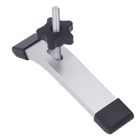 Heavy Duty T Track Hold Down Clamps Made Of Aluminum For Woodworking Jigs To Secure Workpieces On CNC Router Table Saw And Drill Press With M8 Thread 6.3 Inch Long Grip For Pros, close-up view showing clamp and knob.