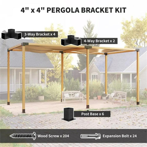 4" x 4" Pergola Bracket Kit includes 3-way and 4-way heavy duty steel brackets with expansion screws for easy assembly.