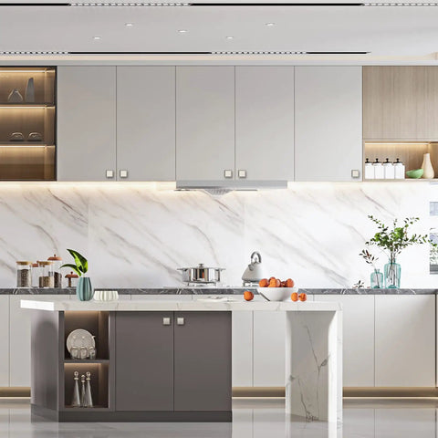 Modern kitchen featuring Set Of Five Premium Brushed Satin Nickel Kitchen Cabinet Knobs For Drawers And Pantries on sleek cabinetry.