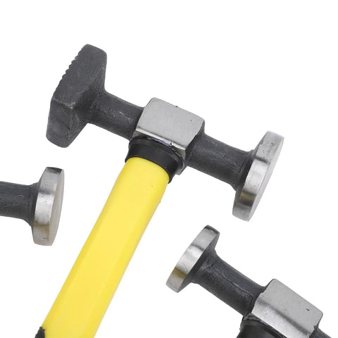 Close-up of hammers from 7 Piece Auto Body Repair Kit With Carbon Steel Hammer And Dolly Set For Dent Removal, Heavy Duty Tools
