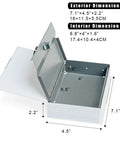 Small Diversion Book Safe Storage Box With Hidden Compartment, metal can with opened lid showing interior dimensions, security lock.
