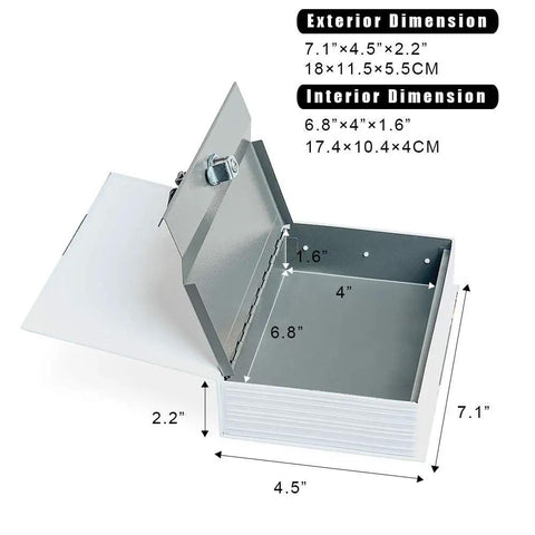 Small Diversion Book Safe Storage Box With Hidden Compartment, metal can with opened lid showing interior dimensions, security lock.