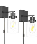 Plug In Rustic Wall Sconces Set Of 2 Modern Vanity Lights with glass shades, E26 base, matte black finish, vintage industrial style