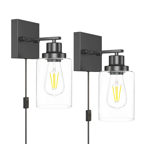Plug In Rustic Wall Sconces Set Of 2 Modern Vanity Lights with glass shades, E26 base, matte black finish, vintage industrial style
