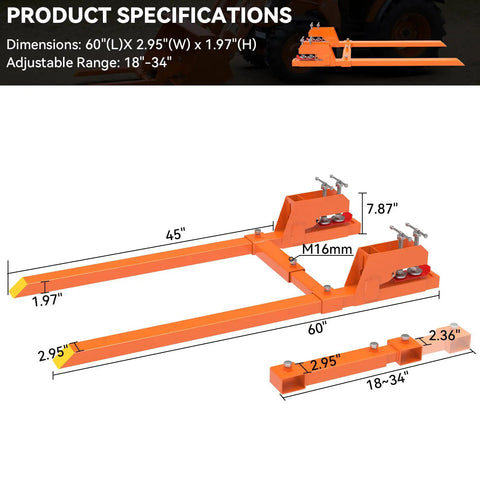 Diagram of Beefed Up Clamp On Pallet Forks With Twin Round Pad Screw 60 Inch Length And 4000 Lbs Capacity Non Slip Anti Skid Tongue