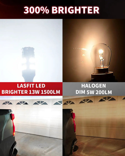 Comparison of Lasfit LED and halogen bulbs; Ultra Bright 921 912 LED Back Up Light Bulbs, 3000Lm vs dim 5W halogen light