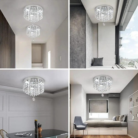 Dope Crystal Chandelier LED Ceiling Light Flush Mount In Stainless Steel With Beaded Shade in various rooms