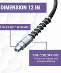 Grease gun accessory kit with 12-inch hose and metal fittings; 2-nozzle needle set with dispenser; 1/8-27 NPT thread.