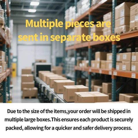 Warehouse interior with stacked shelves and cardboard boxes labeled for shipping