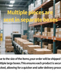 Warehouse with stacked boxes on shelves labeled 'multiple pieces are sent in separate boxes' for shipping.