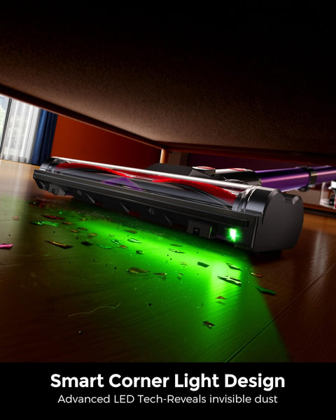 Cordless Vacuum Cleaner With 500W Motor And 45KPa Suction with LED light revealing dust on hardwood floor
