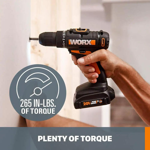 Power Share Compatible 20V Cordless Drill And Driver With 265 In Lbs Torque used on wood surface