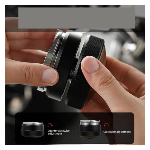 Adjustable Height Espresso Coffee Distributor Tool For Flawlessly Even Coffee Beds showing adjustment mechanism and grip.