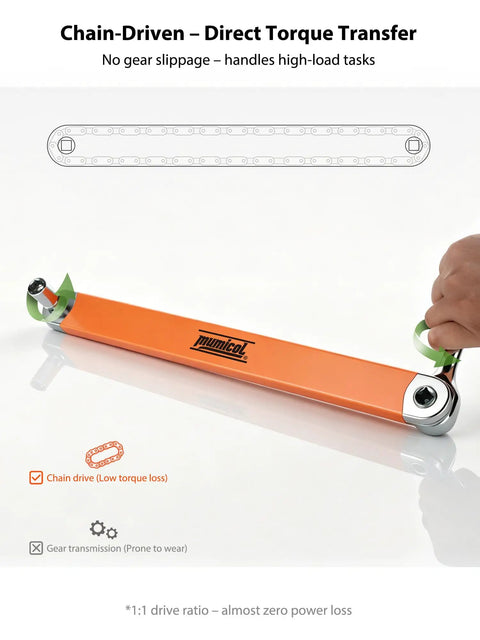 Offset Extension Wrench With Zero Degree Swing For Tight Spaces, 15.4 Inch Length, 53 Ft-Lb Torque, 3/8 Inch Drive Chain Driven Socket Extender, Includes 1/4 Inch, 3/8 Inch, And 1/2 Inch Adapters For Behind Block And Engine Bay Access, chain drive