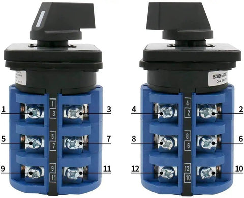 Rugged Rotary Cam Changeover Switch With Exterior Box 40A 12 terminals 2 pole, front and back view, blue housing, black knob.