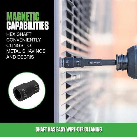2.75 Inch Reversible Magnetic Nut Driver Set showing hex shaft clinging to metal, demonstrating ease of cleaning.
