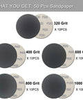 50 Pcs 5 Inch Hook And Loop Sanding Discs Set With 320 400 600 800 1000 Grit Pro Grade Wet Dry Sandpaper Assortment Silicon Carbide