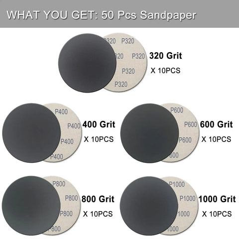 50 Pcs 5 Inch Hook And Loop Sanding Discs Set With 320 400 600 800 1000 Grit Pro Grade Wet Dry Sandpaper Assortment Silicon Carbide
