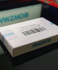White package box for Mini L298N 2 Channel H Bridge DC Motor Driver Board with barcode and blue logo on reflective surface