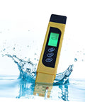 Handheld Water Tester Digital Pen For Total Dissolved Solids And PH showing digital display in water, pocket-sized, black and yellow.