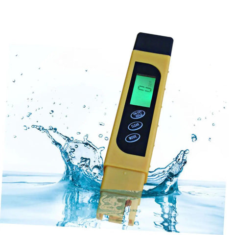 Handheld Water Tester Digital Pen For Total Dissolved Solids And PH showing digital display in water, pocket-sized, black and yellow.