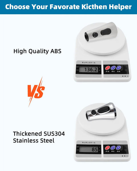 Comparison of Premium Stainless Steel Faucet Head Replacement with ABS vs SUS304 Stainless Steel, showcasing quality and weight.