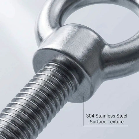 Close-up of 304 stainless steel texture on Stainless Steel Shoulder Eye Bolts One Quarter Inch By Two Inch, Twenty Pack For Wood Metal And Cable Fixing.