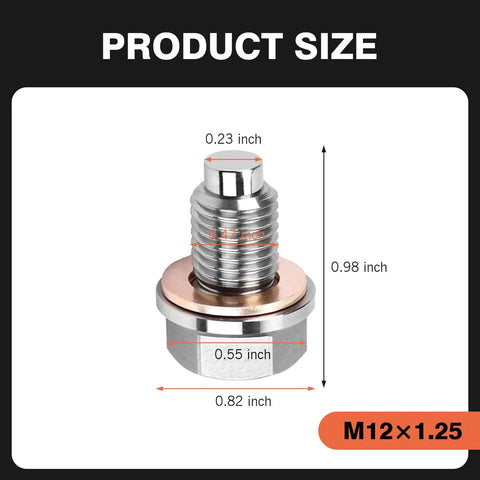 Magnetic Oil Drain Plug Kit With 5 Copper Crush Washers Stainless Steel Construction, size dimensions, fits M12 X 1.25 Thread Pan Drain Bolt
