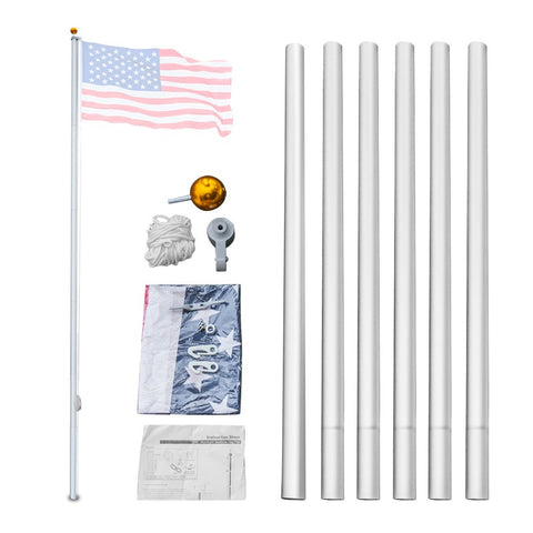 20 Ft Aluminum Flag Pole Kit Yard Ready Sectional For Outdoor Use With 1.2mm Thick Walls Built To Last Rust Proof And Weather Ready Up To 33 MPH Wind Gold Ball Topper 3x5 Flag Compatible Residential Garden Flagpole with accessories.