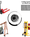 Heavy Duty 5 Inch Steel Caster Wheel With Smooth Roll Bearing Extra Wide 2 Inch Base Rock Solid 700 Pound Rating close-up on a pallet jack with loading capacity details.