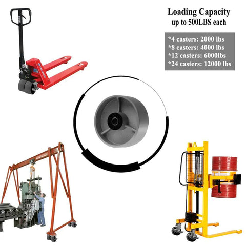 Heavy Duty 5 Inch Steel Caster Wheel With Smooth Roll Bearing Extra Wide 2 Inch Base Rock Solid 700 Pound Rating close-up on a pallet jack with loading capacity details.