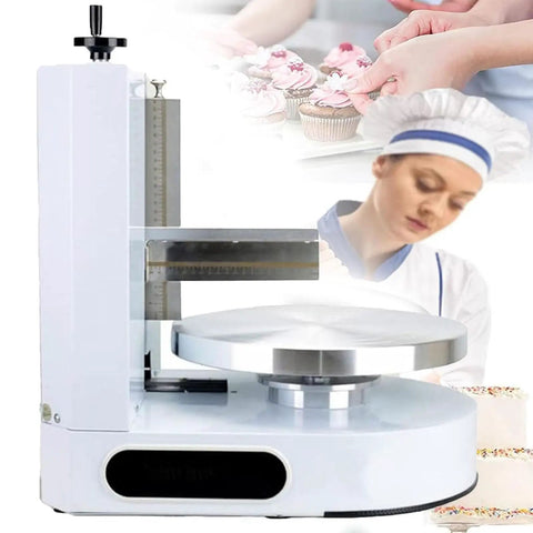 Top Shelf Buttercream Smoothing Machine With 35CM Adjustable Turntable And Thin Metal Blade, side view with decorated pastries in background.