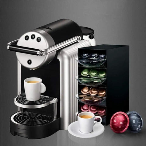 Office Capsule Coffee Machine For Home And Work, Fully Automatic Espresso Maker next to coffee pods