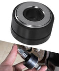 Close-up of Heavy Duty Wheel Stud Installer Tool for Cars, SUVs and Light Trucks with anodized finish and hand holding it.