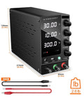 Built Tough Lab Bench DC Power Supply For Dead Reliable Electronics Testing With Precision Dial Controls Offering Adjustable 60V 5A And 30V 10A Output on a black compact unit with display.