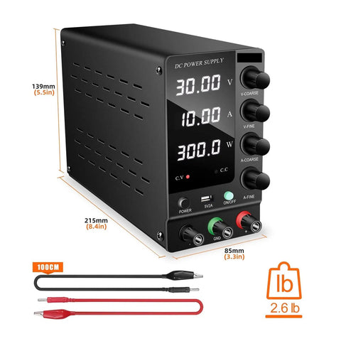 Built Tough Lab Bench DC Power Supply For Dead Reliable Electronics Testing With Precision Dial Controls Offering Adjustable 60V 5A And 30V 10A Output on a black compact unit with display.
