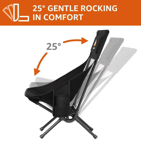 Armless Rocking Camping Chair With Spring Action Tech showcasing 25-degree rocking motion, black mesh seat, steel frame.
