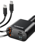 Black Retractable 4 In 1 USB C Car Charger With Dual Cables 69W Fast Charging Safe Charging With Voltage Display